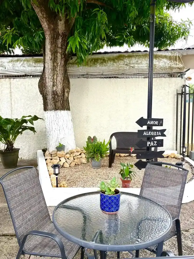 Terraza exterior con mesas y sillas